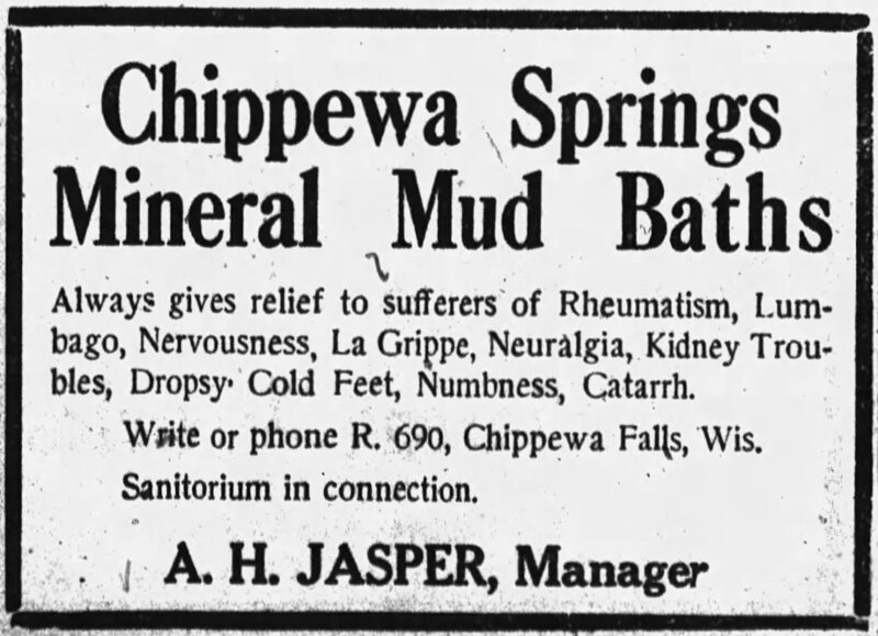Newspaper advertisement for Chippewa Springs Mineral Mud Baths, and its healing effects on influenza.