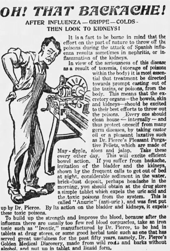 Advertisement for Dr. Pierce's golden discovery. Black and white print advertisement. With text, the large figure of a man holds his back in pain, as he leans over a machine. "Oh! That Backache!" is featured in large text. 