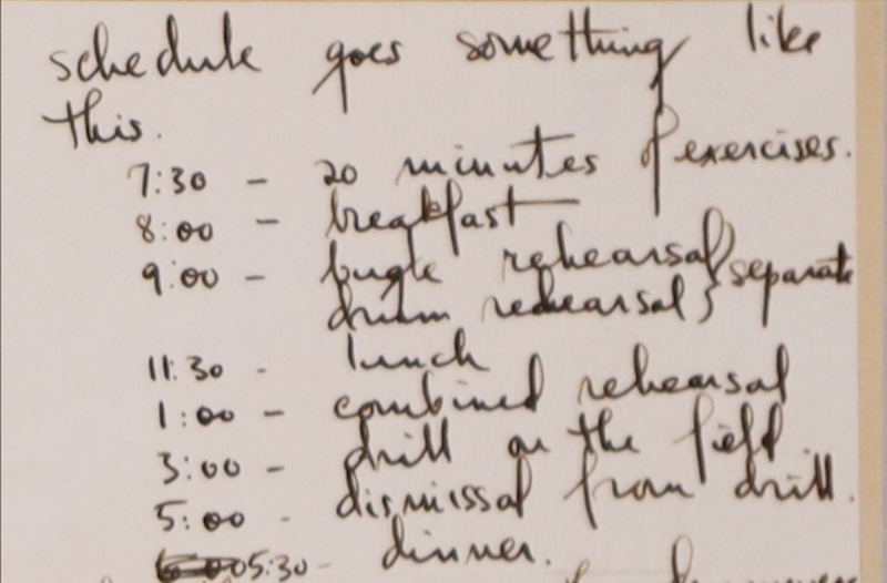 Hormel Girls' Strict Schedules handwritten in script. Describes the day of a Hormel Girl by each half-hour. Between exercise rehearsals and meals, the girls stay booked from 7:30am to 5:30pm. 