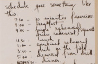 Hormel Girls' Strict Schedules handwritten in script. Describes the day of a Hormel Girl by each half-hour. Between exercise rehearsals and meals, the girls stay booked from 7:30am to 5:30pm. 