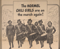 Flyer for Hormel Girls parade performance. The flyer features a picture of the troop of women marching in a parade against an illustrated parade background. The flyer says; "The Hormel Chili Girls are on the march again!" Against the cream paper of the flyer. 