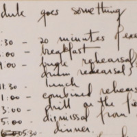 Hormel Girls' Strict Schedules handwritten in script. Describes the day of a Hormel Girl by each half-hour. Between exercise rehearsals and meals, the girls stay booked from 7:30am to 5:30pm. 