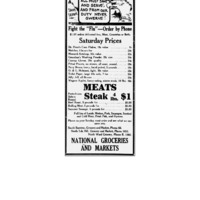 Newspaper advertisement for phone order meats to prevent the spread of influenza in supermarkets. The graphics featured an eagle in a beret, imploring the reader "We know we all must save and serve, and from our duty never swerve!" The ad provides pricing for goods. 